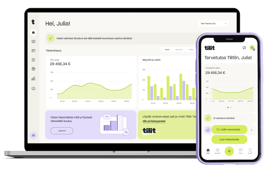 Tilit.ai yrittäjien kirjanpito-ohjelmiston käyttöliittymä